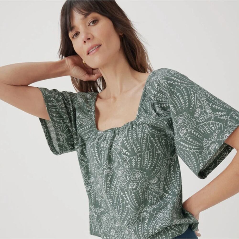 Pact Organic Cotton Floral Peasant Top XXL Green Boho Cottagecore NWT